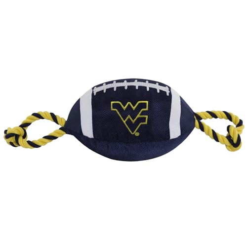NCAA West Virginia Mountaineers Nylon Football Dog Toy, Tough Quality Nylon Materials, Strong Pull Ropes, Inner Squeaker, Collegiate Team Color