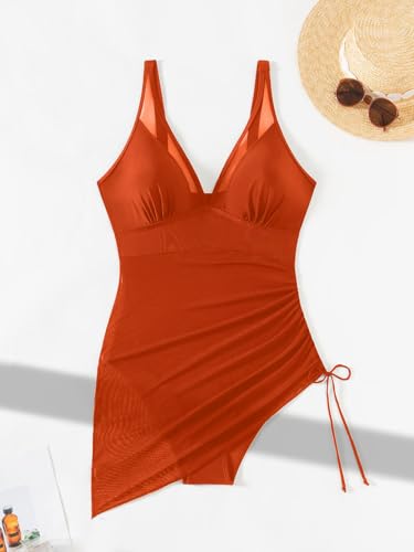Women's One-Piece Swimsuit Mesh Transparent Sarong Wrap Drawstring V-Neck Sexy Tummy Control Monokini4