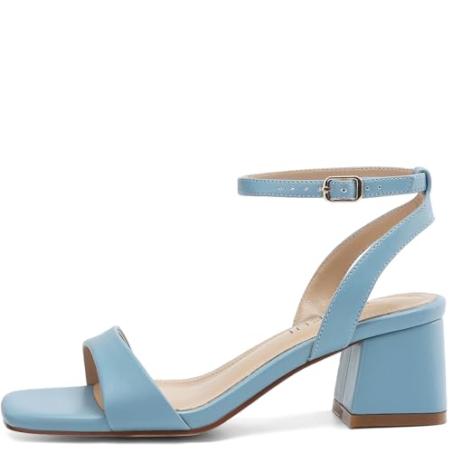 Image of TEAIEUI Block Heels for Women, Square Open Toe Heeled Sandals, Chunky Ankle Strap Shoes for Dress, Party, Prom, Low Heel 2 inch, Light Blue, Size 8