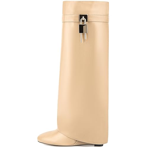 Image of Fold Over Knee High Boots for Women Pointy Pull-on Wedge Heel Knee Shark Boot With Side Zipper Covered Wedge Heel Padlock Boot