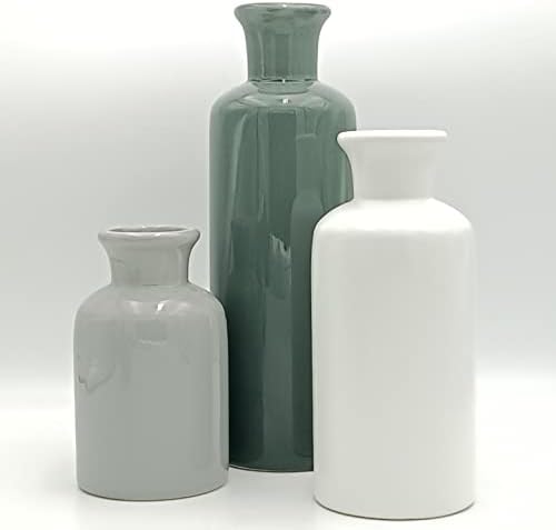 Shinning Orange Yellow Vase for Decor Set of 3, Ceramic Rustic Modern Farmhouse Vase for Bookshelf, Living Room, Office