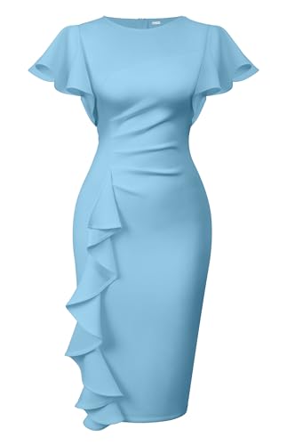 Memoriesea Women's Vintage Church Ruffle Sleeve Ruched Bodycon Work Midi Pencil Dress Light Blue
