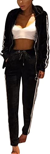 Conjunto de chándal de terciopelo para mujer, sudadera con capucha y pantalones de manga larga de terciopelo con cremallera para correr, gimnasio, ropa deportiva (negro, XL, XL), Negro, XL Cover