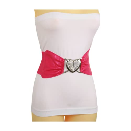Women Pink Wide Fashion Belt - Hip High Waist Elastic Band Silver Heart Love Buckle Size S M4
