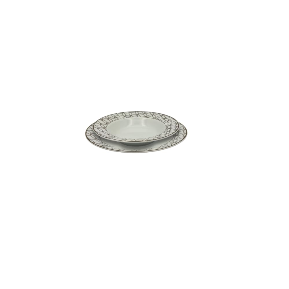 Brill Tortora – Servizio piatti in porcellana 18 pezzi (6 piani Ø24, 6 fondi Ø22, 6 dessert Ø19) – finitura lucida, design geometrico, adatti a lavastoviglie e microonde