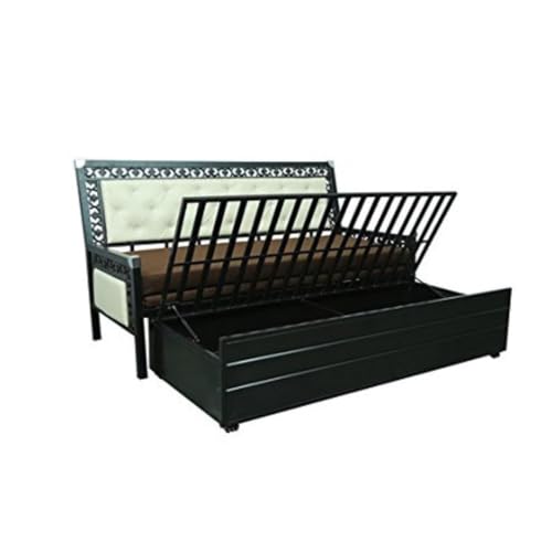 Image of Rexo Metal Sofa Cum Bed with Hydraulic Storage | 3 Seater Convertible Sofa Bed for Living Room | Heavy Duty Metal FrameMatte Black Finish with Dark Brown Cushion, Queen