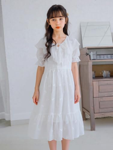 New 5-15Years Girls Vintage White Dress Ruffle Puff Sleeve Embroidered Midi Dress2