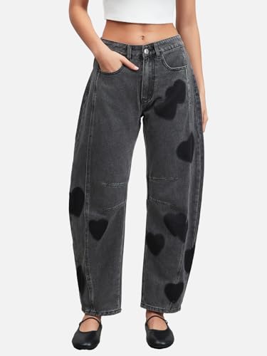LifeShe Women's Wide Leg Baggy Jeans Low Waist Heart Barrel Loose Denim Pants2