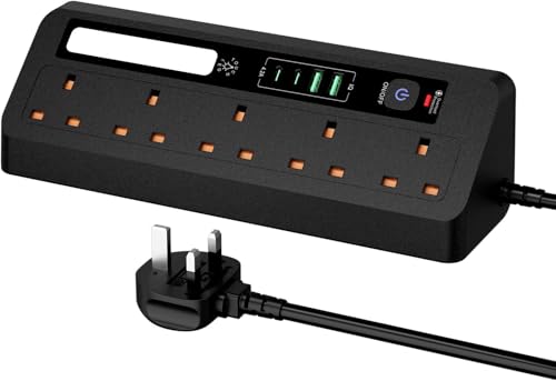 Extension Lead with 2 USB and 2 Type-C, 5 Way Corner Power Strip with Touch Night Light, Overload Protection with 1.8M Cable for Home and Office, Black