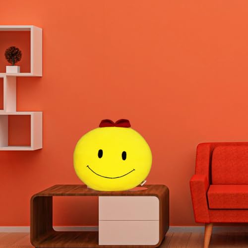 Image of Smiley Face Cushion with Red Bow, Yellow, Soft Plush Toy 25 cm