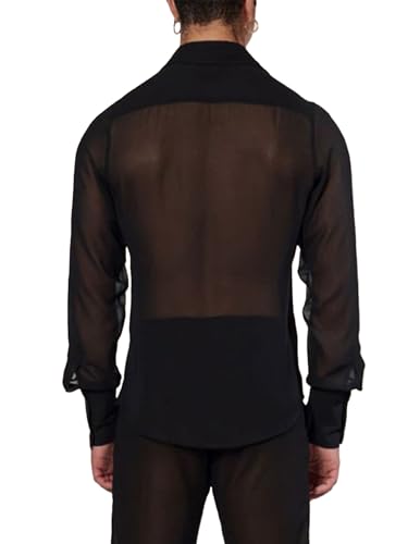 Men's Mesh Sheer See Through Long Sleeve Rave Disco Outfit Collar Button Front Party Shirt Tops2
