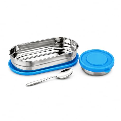 Image of PRESCO Small Oval Stainless Steel Kids Lunch Box with Spoon for School Kids, Boys - Leakproof Tiffin Box for Men & Women, Picnic, Travel - Stylish, Compact & Daily Use Meal Prep Box, 450ml- Pack of 1