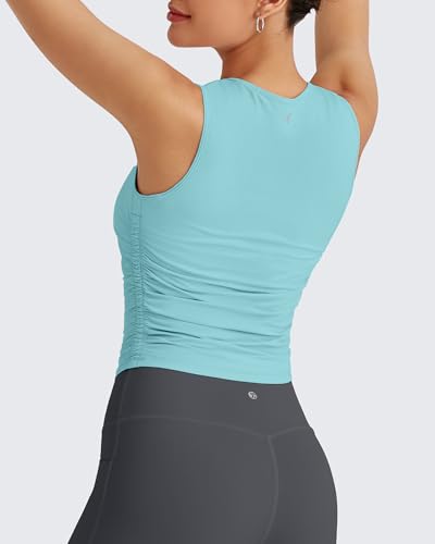 Image of G4Free Skimetic Workout Tank Tops for Women Side Ruched Sleeveless High Neck Crop Top Summer Athletic Gym Shirts