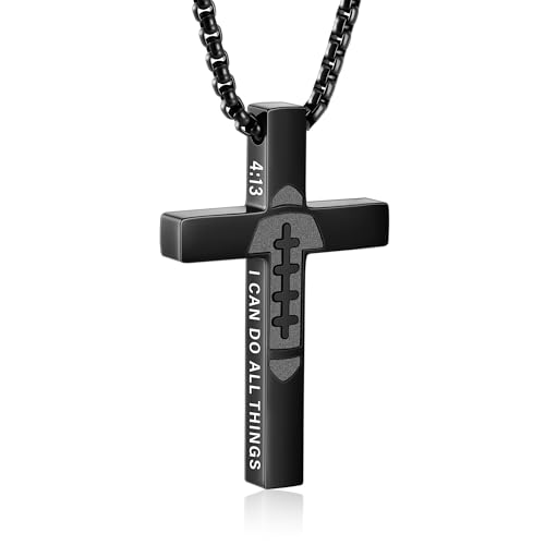 VULETO Football Bible Verse Cross Necklace for Boys Men, Stainless Steel Pendant Chain Football Accessories Stuff Gear Christian Religious Valentines Easter Chrismas Jewelry Gifts for Son Kids Teenage Teen 8-12 Black