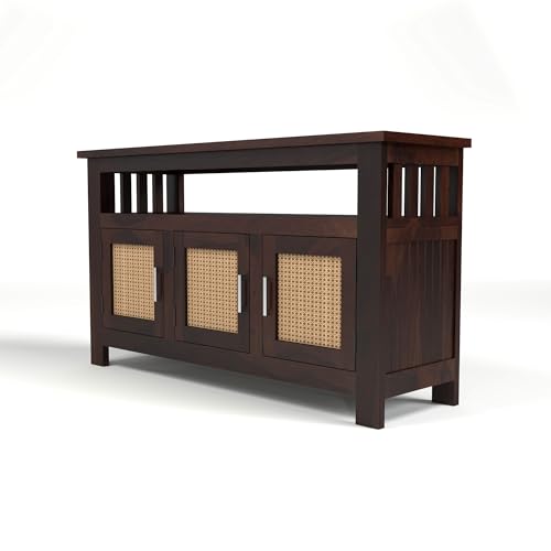 Image of Sheesham Wood Kitchen Cabinet with Cane Woven Doors | Solid Wood Storage Sideboard with Open Shelf & 3 Door Cabinet | Rosewood Storage Cabinet for Living Room (Walnut Finish)