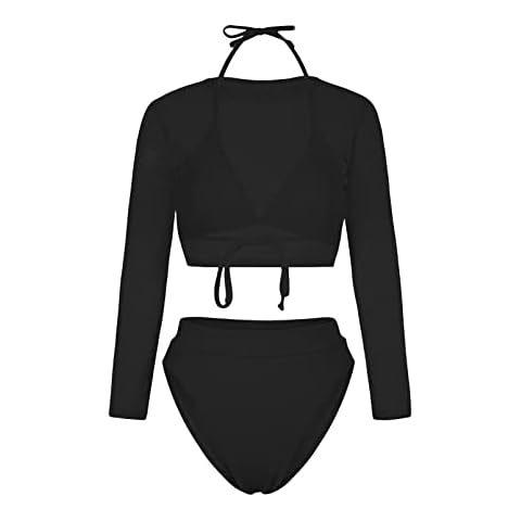 Kisscynest Women's 3 Pieces Swimsuit with Long Sleeve Mesh Shirt Coverup (M, Black) Cover