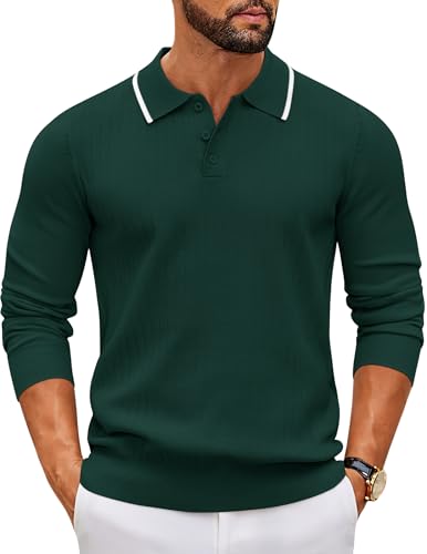 Image of COOFANDY Mens Knitted Polo Sweaters Classic Stretch Pullover Sweater Vintage Button Polo Sweaters Fall Winter Lake Green