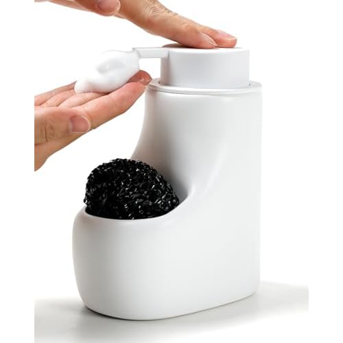 BosilunLife Recycled Ceramic Soap Dispenser with Sponge Holder - Kitchen Sink Dispenser for Liquid Soap, Refillable Pump Bottle with Built-in Sponge Storage (White-Foam)