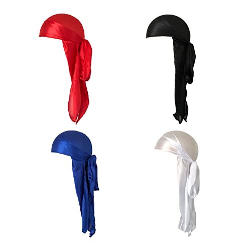 Gorras Durag Sedosas Sedoso Durag Transpirable Durag Ligero Transpirable para Fiestas, Reuniones Familiares, Salones de Baile u Otras Actividades al Aire Libre, 4 Piezas (Rojo+Negro+Blanco+Azul)