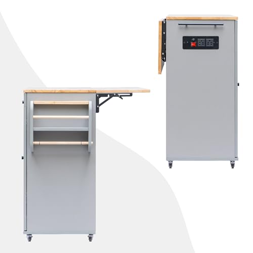 Image of Rocco Walky Kitchen Island Storage Cabinet with Wheels, Solid Rubber Wood Top, Fluted Acrylic Doors, Built-in Power Sockets & LED Lights, Soft-Close Hinges & Side Organizer (Grey, Large & Extendable)