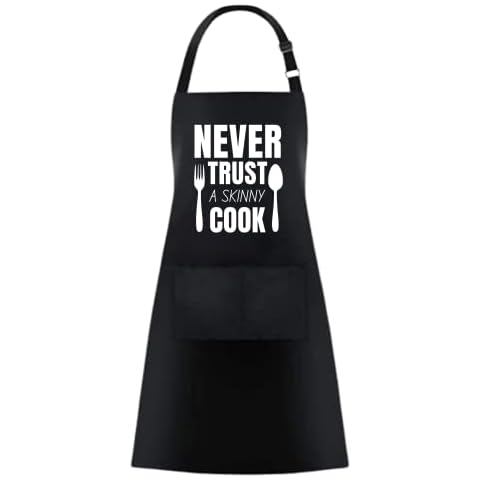 NEVER TRUST A SKINNY COOK Funny Aprons for women - 2 Pockets BBQ Apron Coffee house Cooking Kitchen Chef Bar Hotel Gift For Husband Wife, Dad Mom boyfriend Girlfriend Black Cover