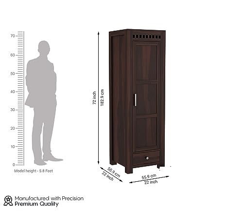 Image of Sheesham Wood Wooden Single Door Wardrobe Organizer for Clothes | - Solid Wood Almirah with 1 Drawers, 4 Shelves - Cupboard for Large Bedroom (Design 1)