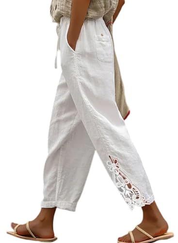 Women Casual Lightweight Drawstring Elastic Waist Cropped Linen Pants Fall Spring Slacks Capri Pants Trendy Fashion 2025 Beach Trousers with Pockets White Medium