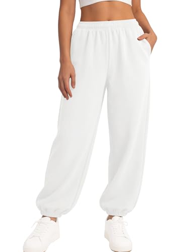 LOMON Sweatpants Women Fleece Joggers Wide Leg Sweat Pants Baggy Gym Workout Sweatpant Winter Spring Inner Drawstring Clothes with Pockets (White S)