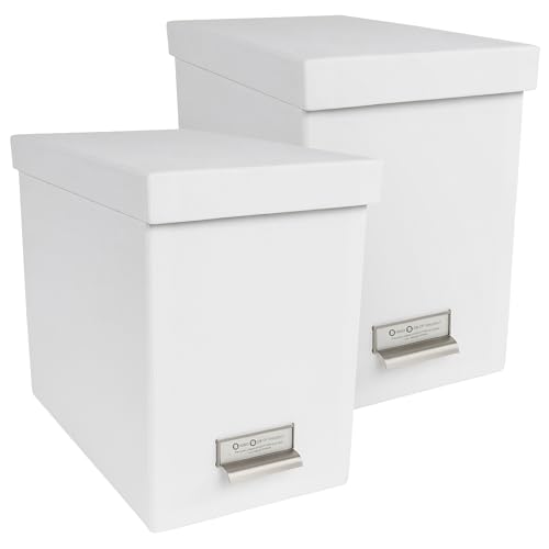 Bigso John Fiberboard Label Frame Desktop File Storage Box - Document Organizer for Important Paperwork - Durable Hanging File Box with a Lid & Metal Label Window - 7.36 x 13.38 x 10.51 in - White