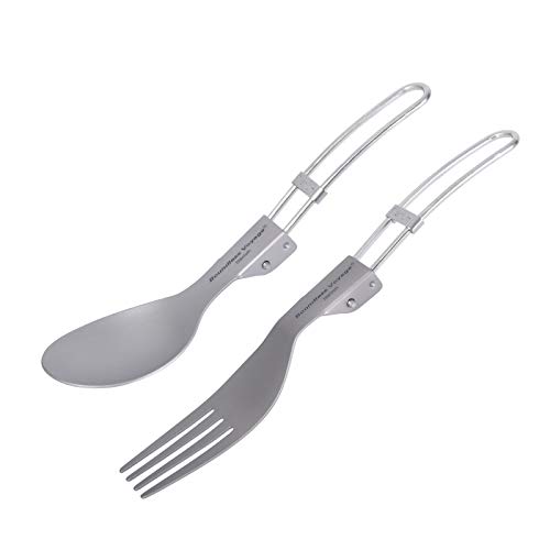iBasingo Camping Cutlery Set Titanium Folding Spoon Fork Soup Rice Spoon Outdoor Travel Portable Tableware Small Lightweight Flatware Business Trip Picnic Hiking Fishing Dinnerware with Pouch Ti1024T
