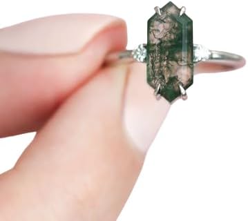 Retro Long hexagon Moss Agate Ring Vintage Sterling Silver Ring Unique Agate Engagement Ring Promise Ring Anniversary Ring Gift For Her