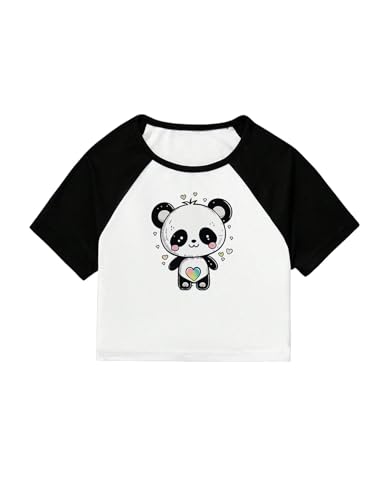 SHENHE Girl's Colorblock Cute Graphic Tees Raglan Short Sleeve Crewneck Casual Crop T Shirt Top