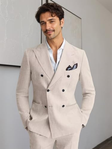 Mens Suits Linen 2 Piece Suit for Men Lightweight Double Breasted Slim Fit Suits Set for Summer Beach Wedding Prom2