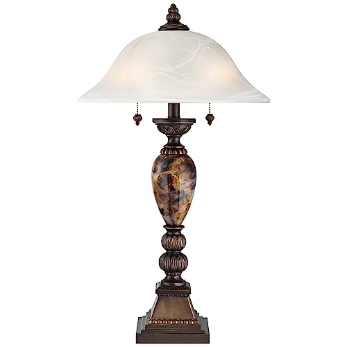 Kathy Ireland T3575 Mulholland Traditional Vintage Table Lamps 27 Inch Tall Set Of 2 Aged Bronze Faux Marble White Alabaster Glass Dome Shade thumb #4