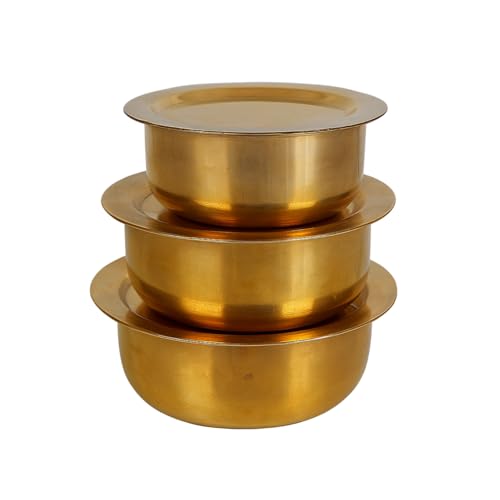 Image of Salvus APP SOLUTIONS Brass Miniature Bhagona Patila Set with Lid, Set of 3 | Traditional Kitchen Utensils for Pooja, Home Temple, Dollhouse & Kids Pretend Play | 2.5 x 2.5 x 1 Inch
