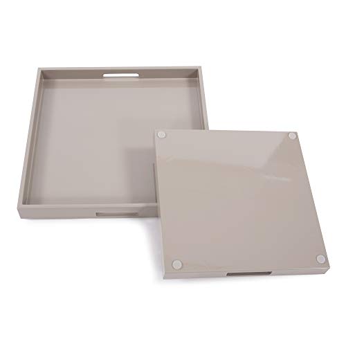 Image of Howard Elliott Collection Premium Wooden Serving Tray with Handle, Glossy Taupe Finish Decorative Square Wood Tray Set Platters for Ottoman, Breakfast, Parties, Weddings, 20 x 20 Inch