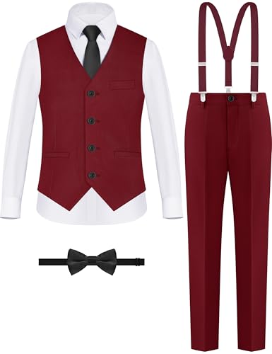 Image of Boys Suit Vest Set 4 Pieces Slim Fit Kids Burgundy Formal Vest and Pants Set for Wedding Ring Bearer, Easter, First Communion, Confirmation, Graduation Toddler Boys Size 2