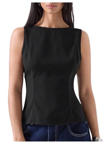 SHENHE Women's Sleeveless Tank Tops Boat Neck Cinched Waist Flare Hem Business Casual Cropped Blouse Top