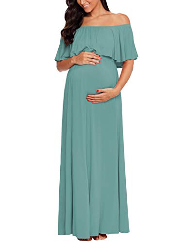 Ecavus Womens Off Shoulder Maternity Dress Ruffle Trim Maxi Photography Dress for Baby Shower