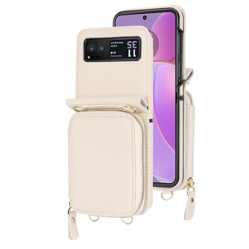 Étui cuir Samsung Galaxy Z Flip 7 portefeuille blanc avec porte-cartes et fermeture éclair