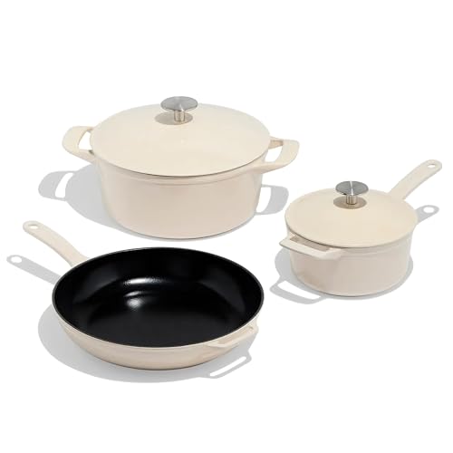 Made In Cookware - 5 Pc Enameled Cast Iron Set - Linen - Includes Dutch Oven w/Lid, Skillet and Saucepan w/Lid - Exceptional Heat Retention and Durability - Professional Cookware - Crafted In France