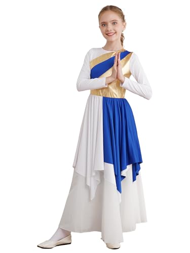 Winnrchan Long Sleeve Praise Dance Dress for Girls Metallic Liturgical Worship Dance Costumes Asymmetrical Church Robe Tunic Blue 6 Years