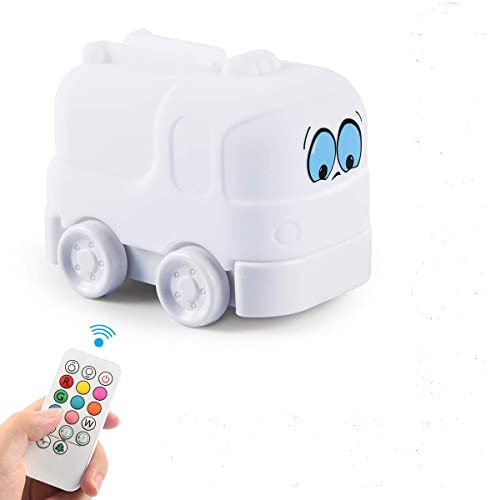 Image of Night Light Kids with Cute Car Design Children's Room LED Bedside Lamp with Changeable RGB Colors Rechargeable Night Light Compatible with Touch Control & Remote Control - Fire Truck