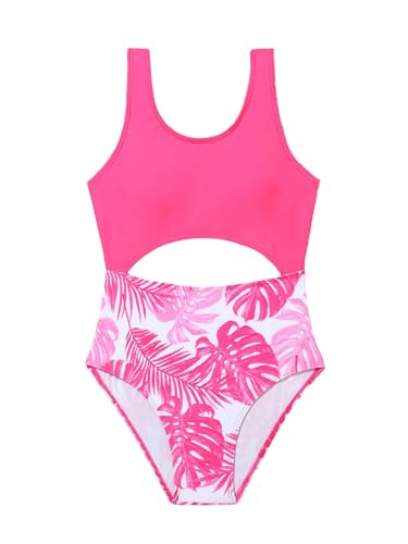 Image of WDIRARA Girl's Cut Out Swimwear Tropical Print One Piece Bathing Suit Beach Sport Swimsuits Pink 9Y