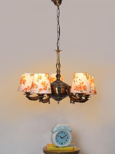 Image of Devansh 05-Light Printed Conical Multicolor Cotton Shade Chandelier - Antique Golden Finish | Adjustable Cord | Warm Glow Lamp - Ceiling Light for Living Room, Dining Area, BedroomDecor - D7