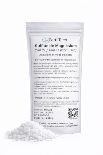 FertilTech Sulfate de Magnésium 750 g (Sel d’Epsom) Engrais Minéral Naturel pour Plantes, Gazon et Potager – Corrige les Carences en Magnésium et Soufre – Favorise la Croissance et un Feuillage Sain