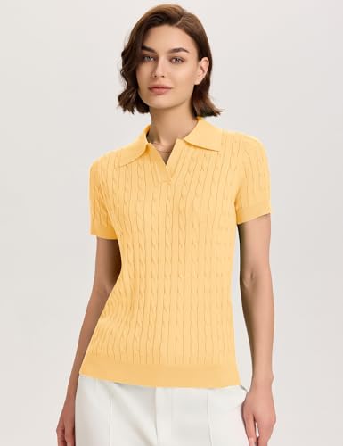 Image of Micoson Womens Short Sleeve Sweater Tops Lapel V Neck Polo Shirts 2026 Summer Cable Knit Loose Blouse Business Casual Outfits