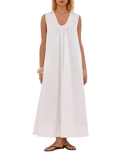 Image of OLAPTA Women Summer Sleeveless Maxi Dress Scoop Neck Ruched Loose Fit Casual Elegant Solid Vacation Long Dress with Pockets