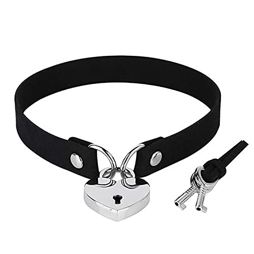 Dishowme Cadenas collier ras du cou collier en cuir coeur collier avec serrure clé Punk chat Kitty Lolita chaîne bijoux pour femmes filles (Noir)