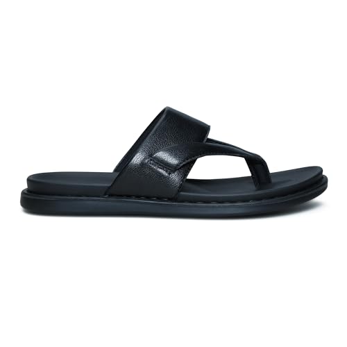 Image of Men's Solid Casual Flat Slipper, Faux Leather Slip-on V-Strap Fashion Slipper For Men